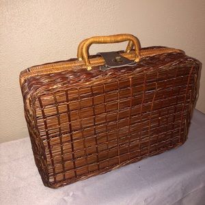 Vintage Wooden Woven Wicker Suitcase Picnic Basket Rattan Leather-like Closure